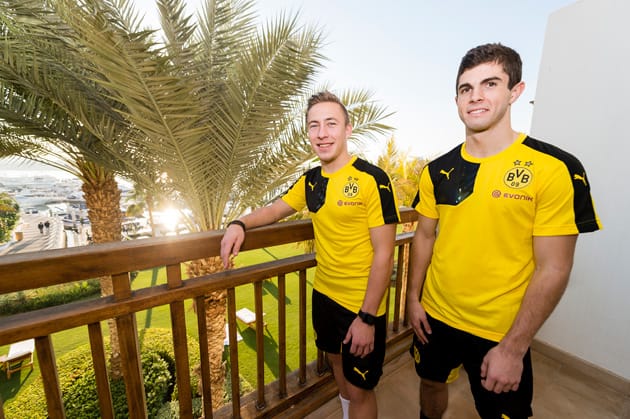 USA prospect Christian Pulisic, right, with Dortmund teammate Felix Passlack.